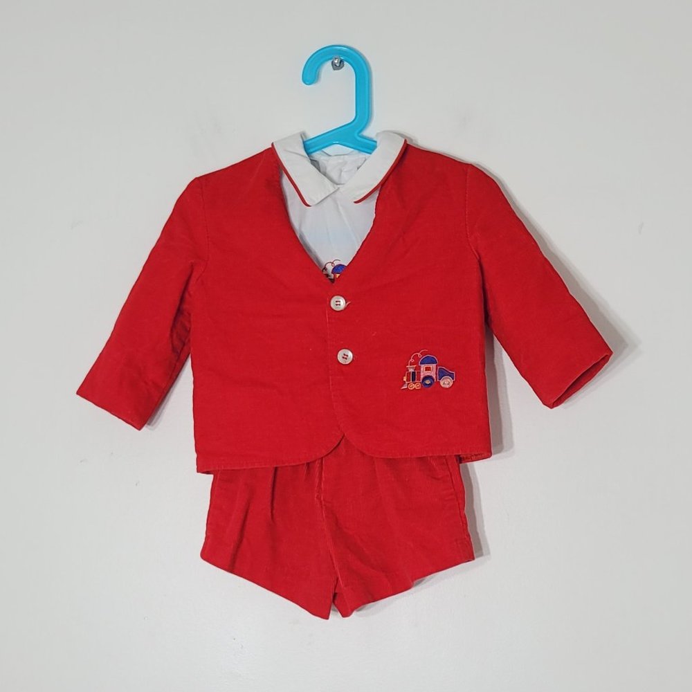 Jack Tar Three Piece Baby Outfit Corduroy Embroidered Train Red Shorts Vintage